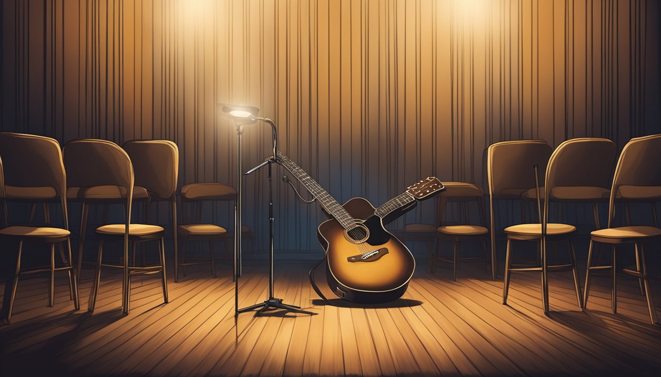 A lone guitar sits on a dimly lit stage, surrounded by empty chairs. The spotlight shines on the instrument, casting a soft glow as if waiting for a songwriter to pour their heart into it