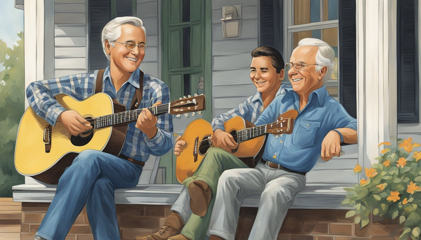 A young George sitting on a porch, strumming a guitar while George Jones listens intently, their bond evident through shared laughter and music