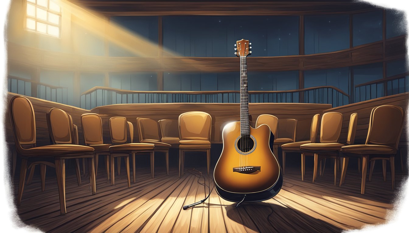 A lone guitar sits on a weathered wooden stage, bathed in a spotlight. A single microphone stands ready, surrounded by a sea of empty chairs