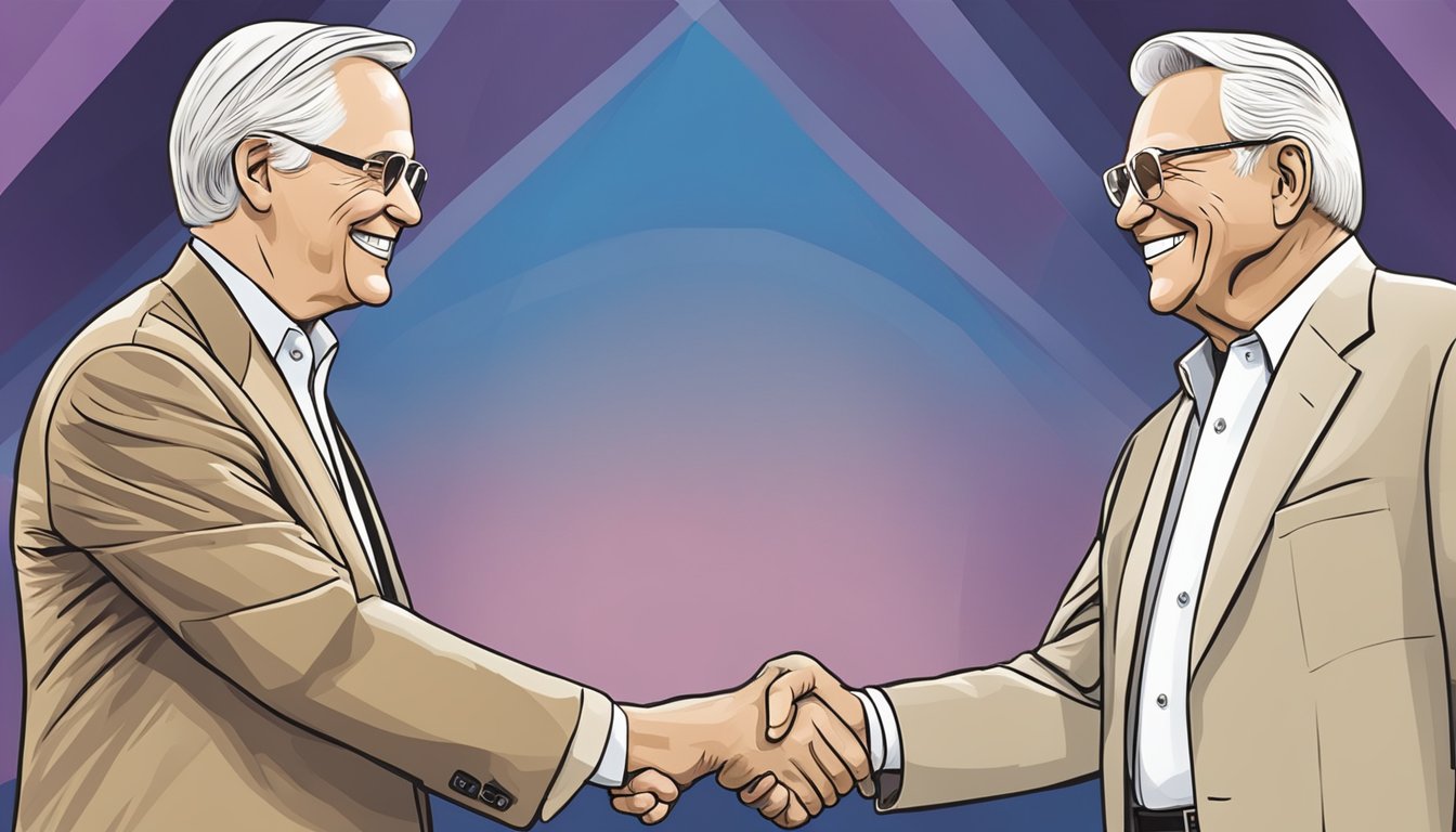 George and George Jones shaking hands at a career milestone event. Their connection is evident through their smiles and firm grip