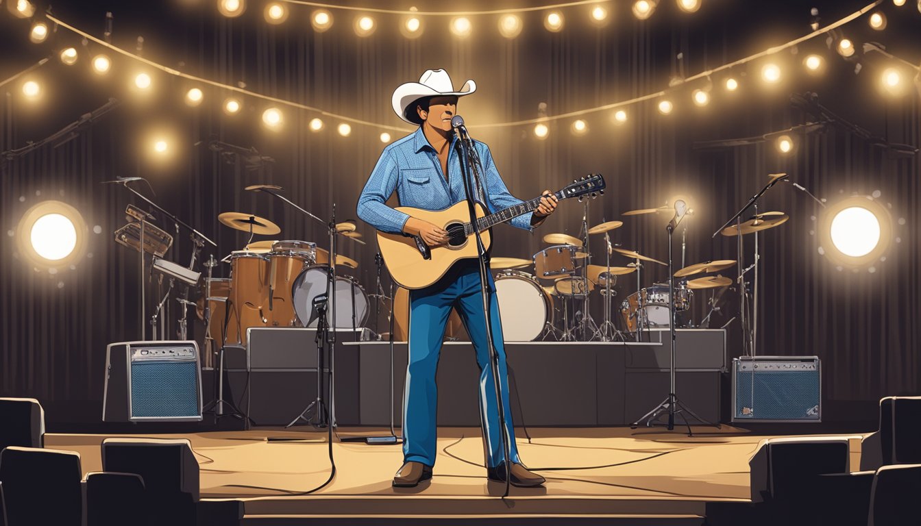 A stage with spotlights shining on a microphone stand, surrounded by instruments and a backdrop featuring images of George Strait