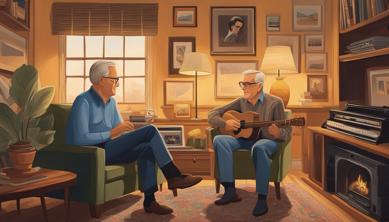 George and George Jones share a quiet moment in a cozy living room, surrounded by vintage records and memorabilia. A warm glow from the fireplace illuminates the room as they reminisce about their shared history