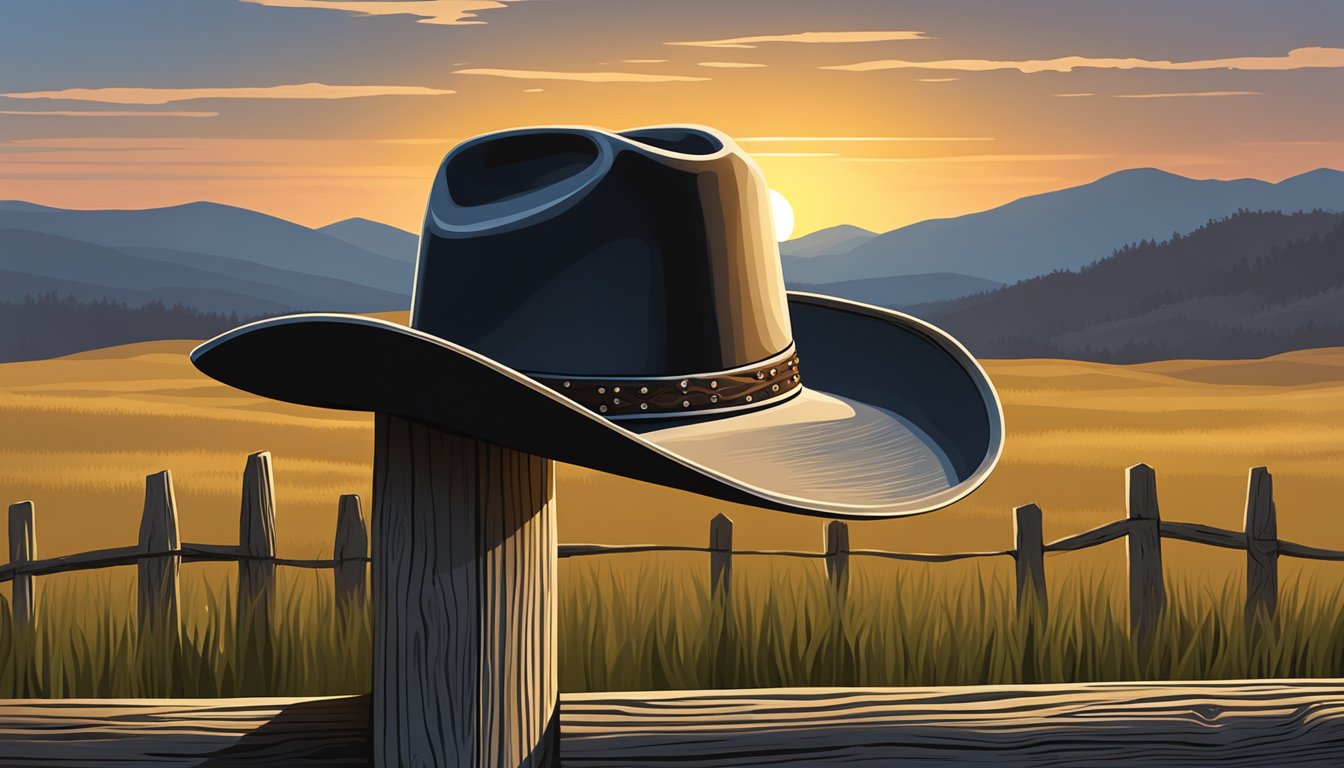 A lone cowboy hat sits atop a weathered wooden fence, surrounded by rolling hills and a setting sun