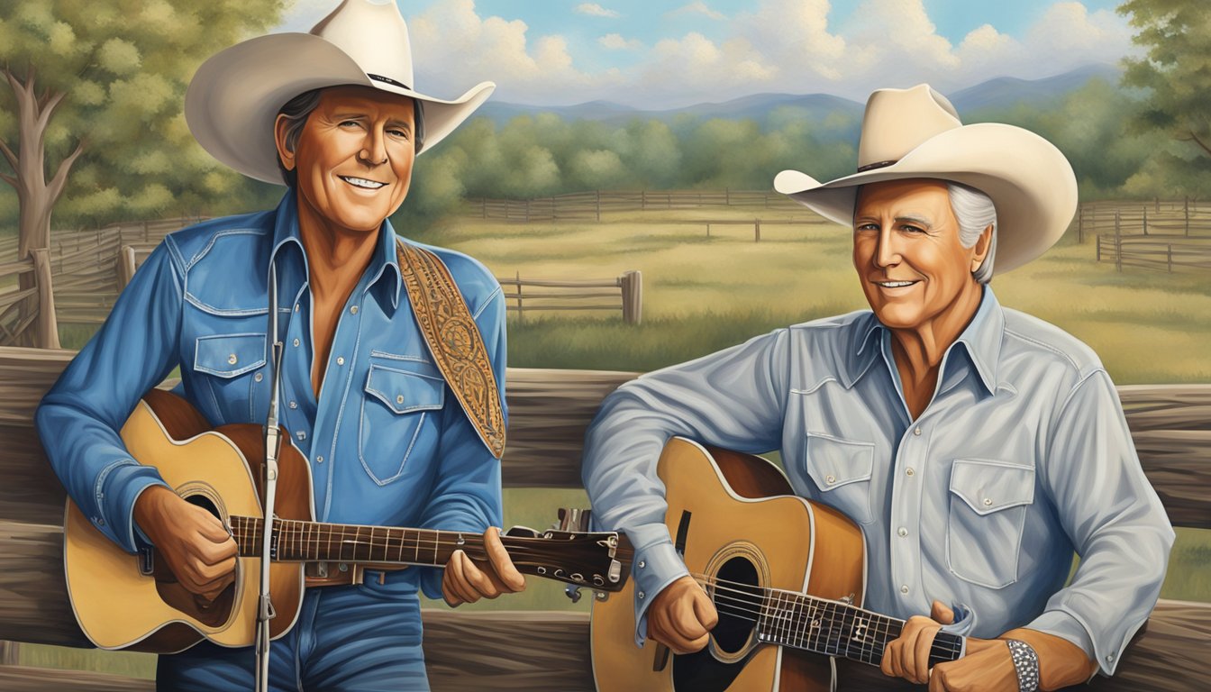 Two iconic figures, George Strait and George Jones, stand side by side, their presence exuding a sense of influence and legacy in the country music industry