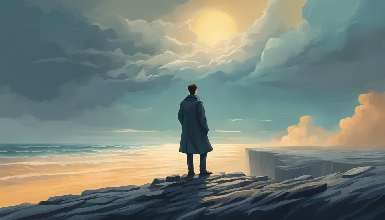 A lone figure stands at the edge of a cliff overlooking a vast, turbulent sea, with a sense of finality and a lasting impact in the air