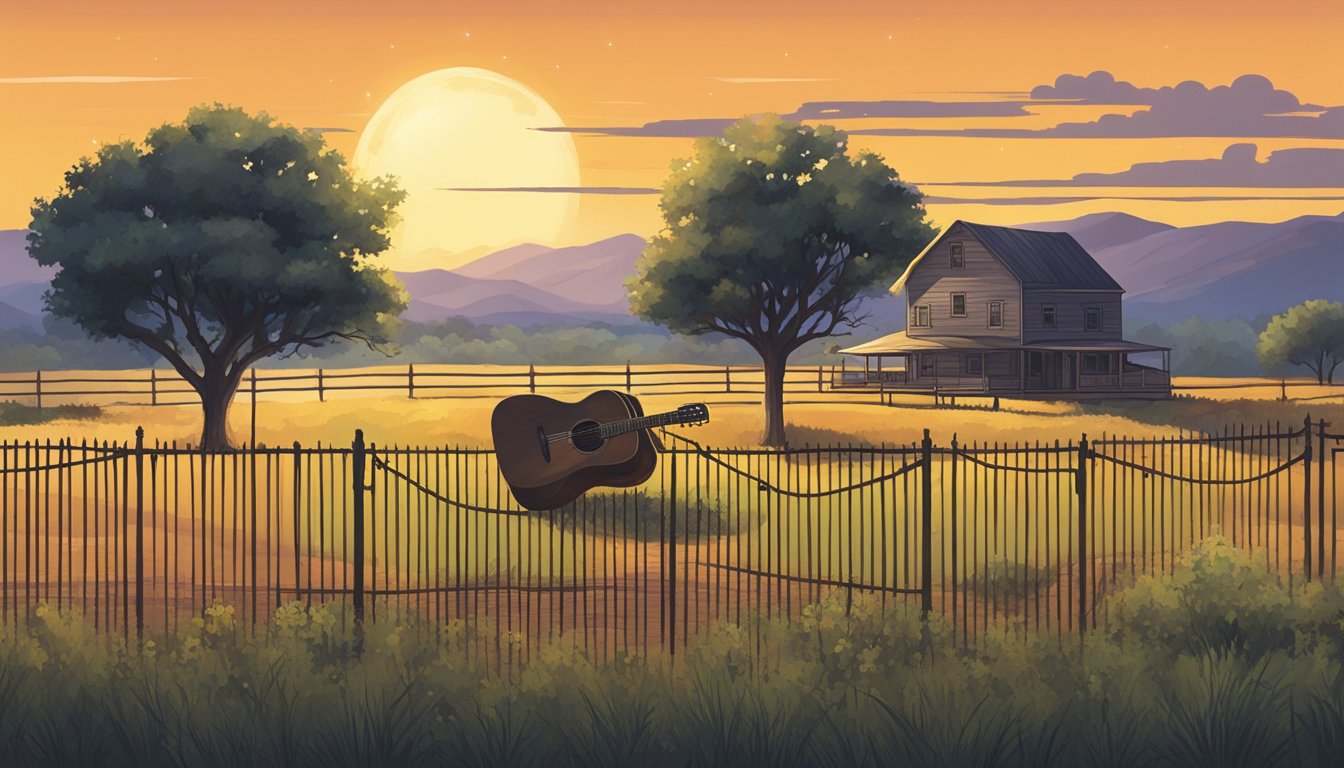 A lone star rises over a small Texas town, surrounded by fields and a lone guitar resting against a fence