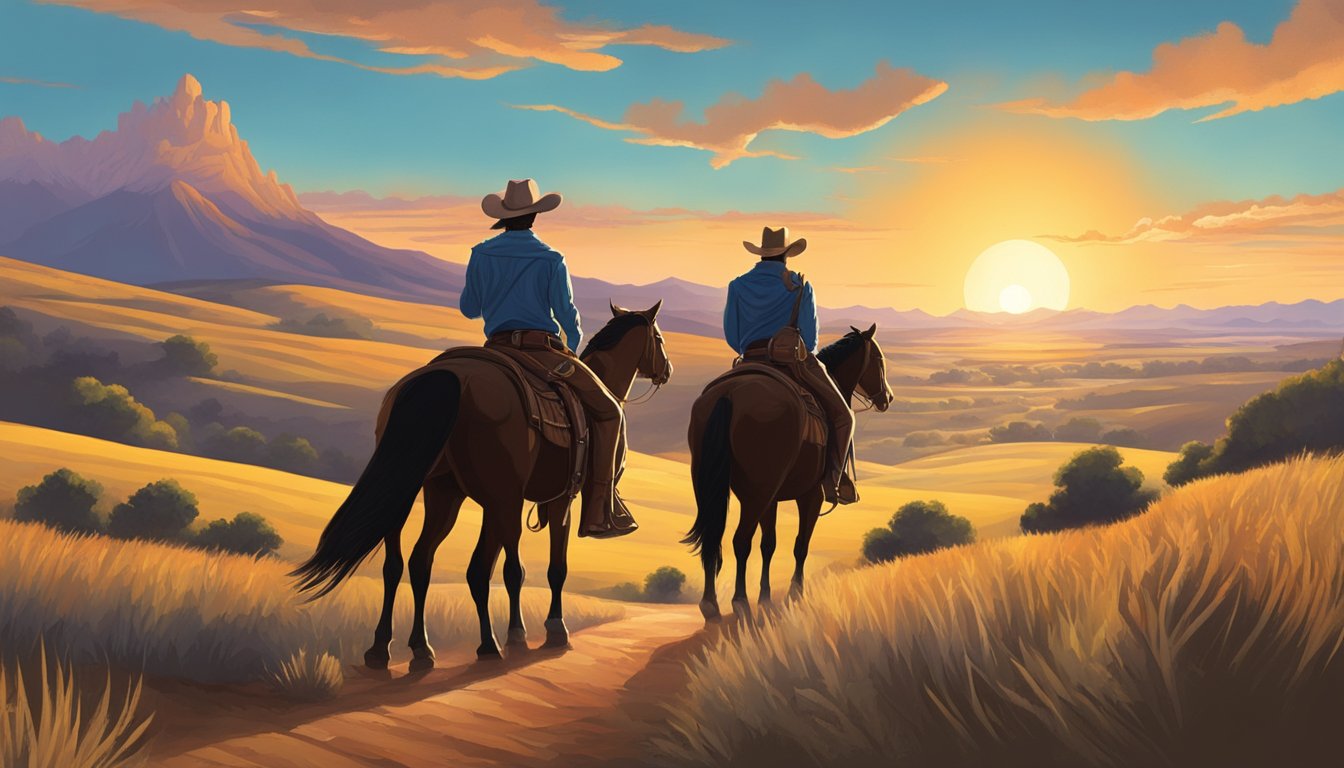 A lone cowboy rides into the sunset, surrounded by rolling hills and a vast open sky, with a guitar slung over his shoulder