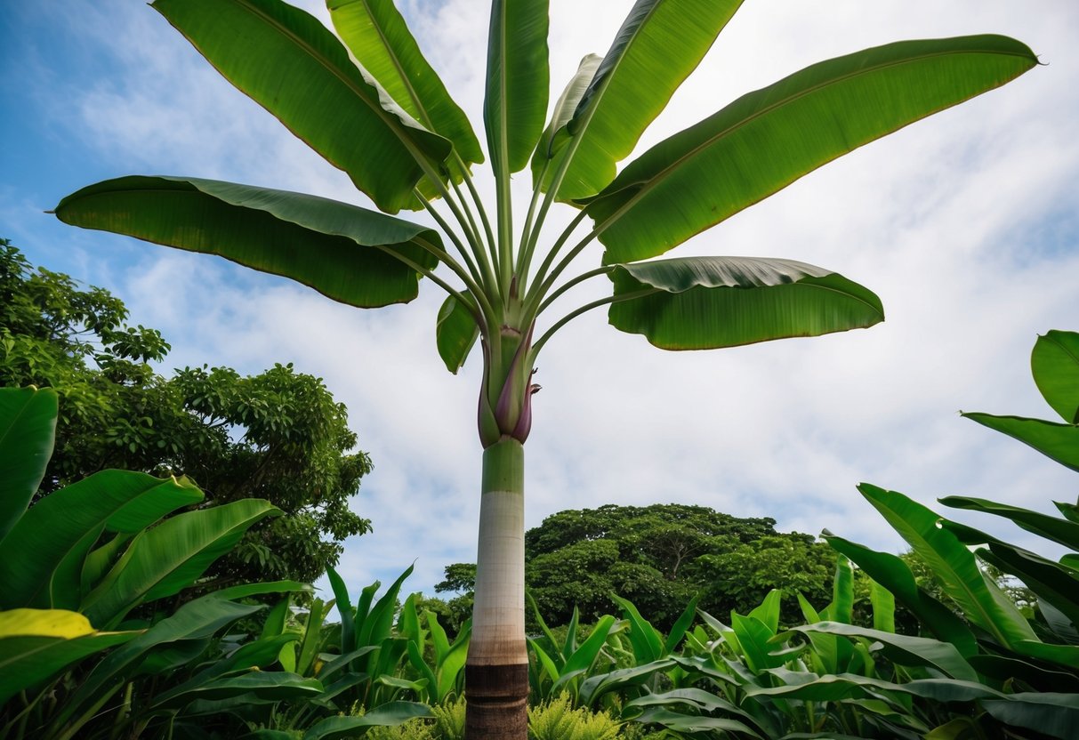 A strelitzia nicolai plant stands tall with broad, banana-like leaves reaching towards the sky, surrounded by lush green foliage