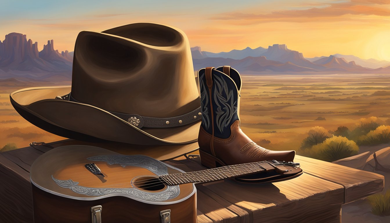 A lone cowboy hat sits atop a weathered guitar case, surrounded by dusty boots and a worn saddle. The backdrop is a sprawling Texas landscape, with a setting sun casting long shadows