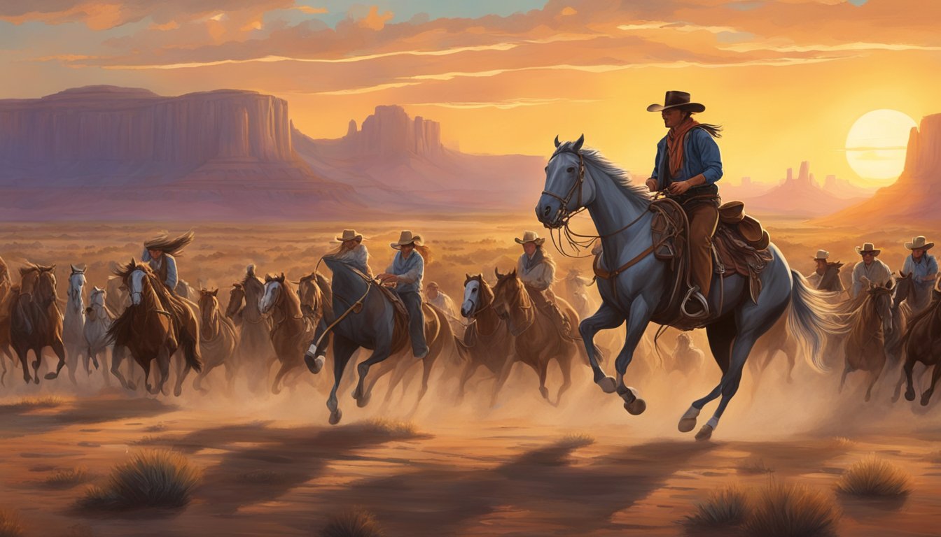 A lone cowboy rides off into the sunset, surrounded by cheering fans and the iconic imagery of the American West