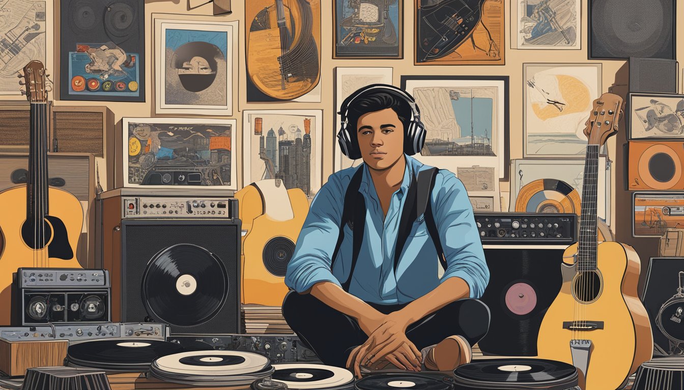 A young musician sits surrounded by instruments, vinyl records, and posters of iconic Texas musicians, soaking in the sounds of the Lone Star State