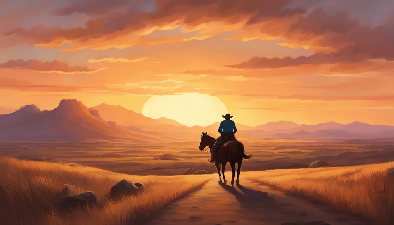 A lone cowboy rides off into the sunset, leaving behind a vast, open landscape. The sky is painted with warm hues, signaling the end of an era