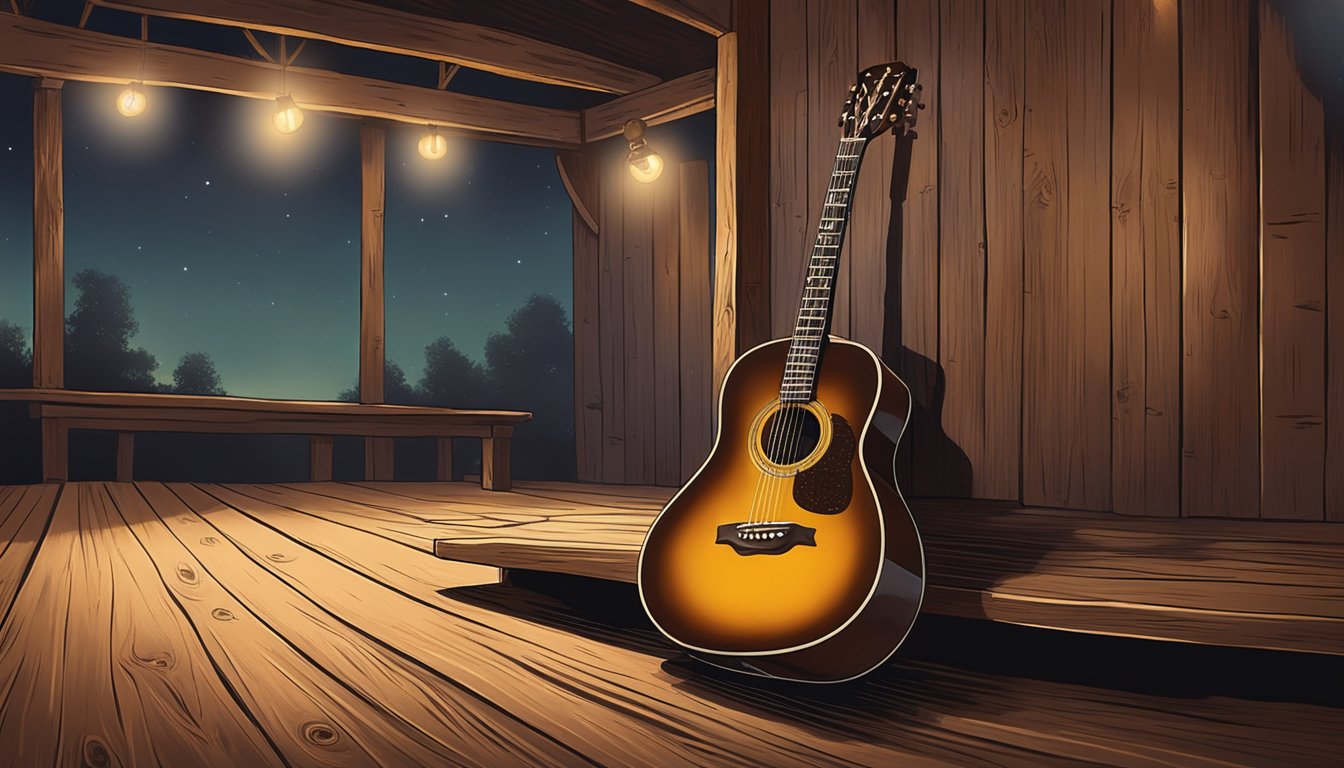 A lone guitar sits on a weathered wooden stage, bathed in the warm glow of stage lights, surrounded by the rustic charm of a Texas honky-tonk