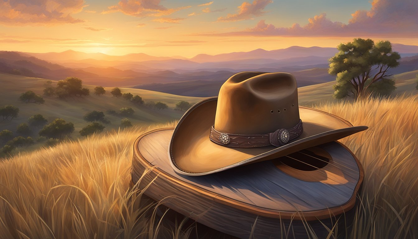 A lone cowboy hat rests on a weathered guitar, surrounded by a backdrop of rolling Texas hills and a setting sun