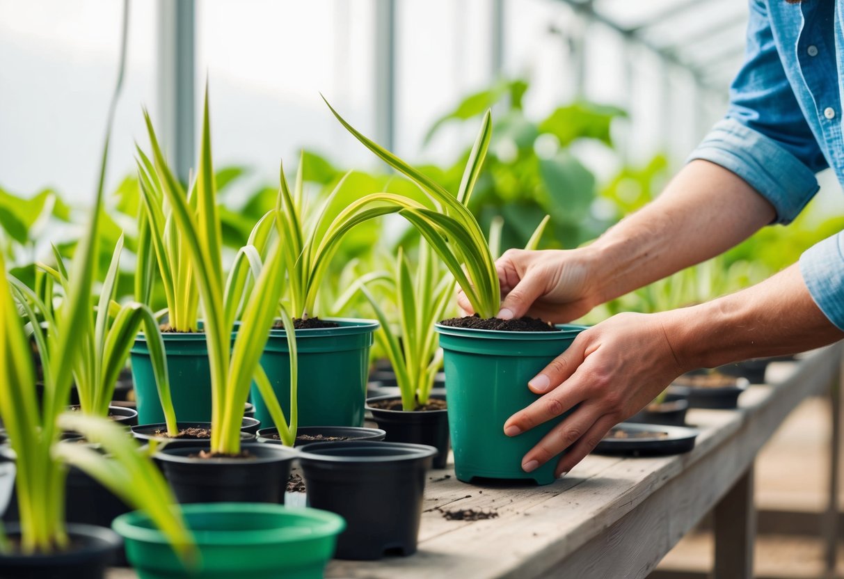 A pair of hands carefully dividing and potting Strelitzia Nicolai shoots in a bright, airy greenhouse