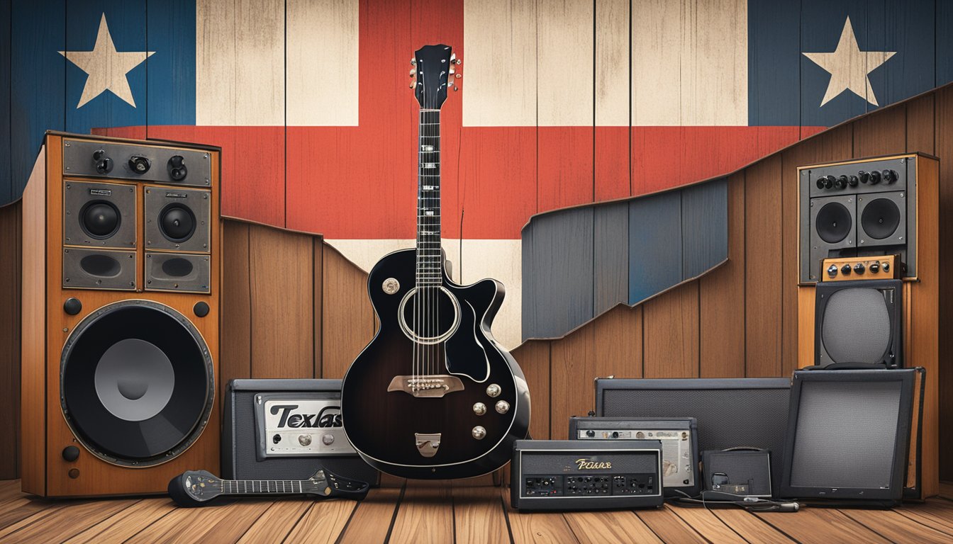 A lone guitar sits on a weathered wooden stage, surrounded by vintage amplifiers and old vinyl records. The backdrop features a Texas flag and a collection of music awards