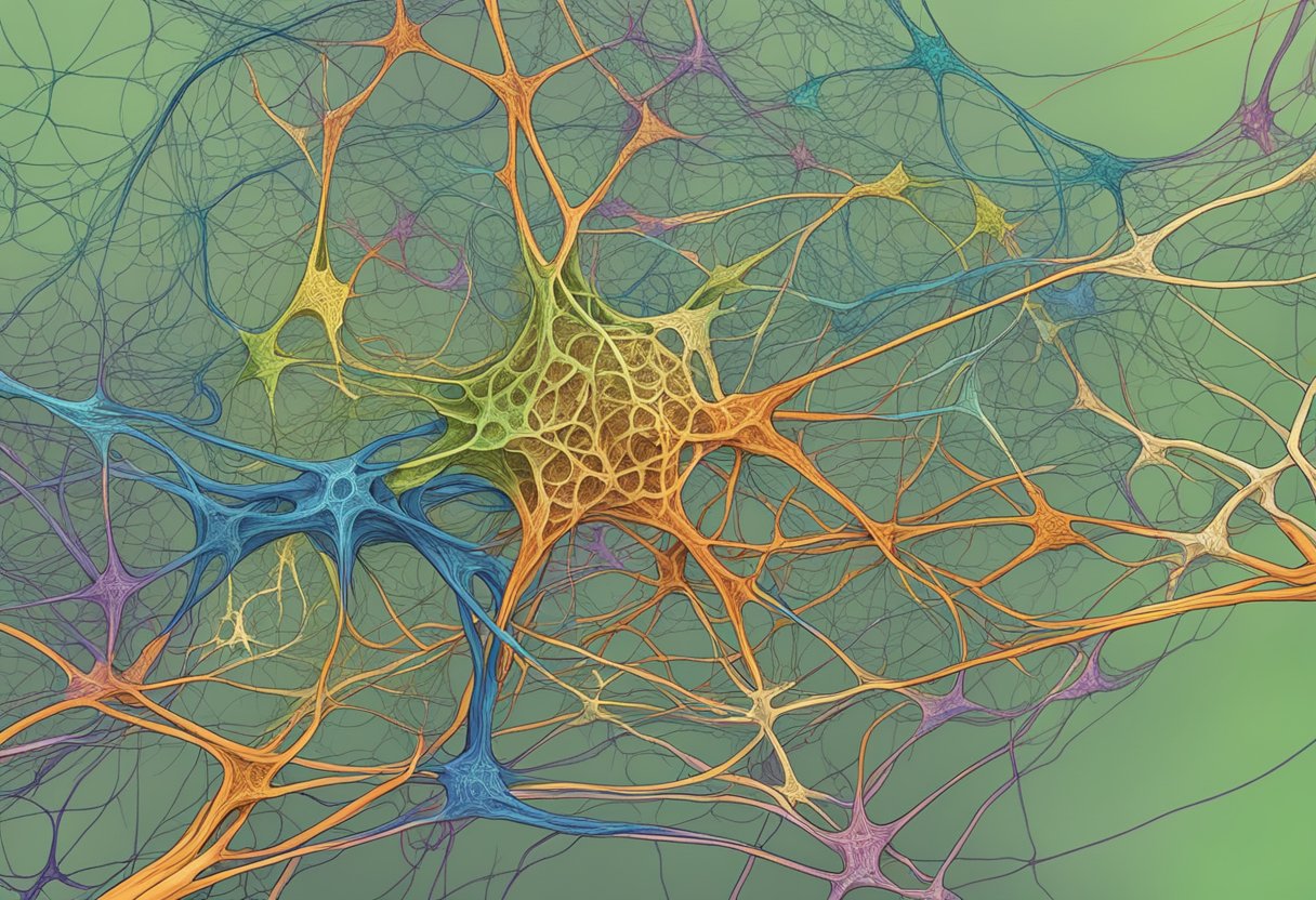 Un réseau enchevêtré de neurones interconnectés et de motifs tourbillonnants, représentant les causes complexes et les facteurs de risque de la schizophrénie.