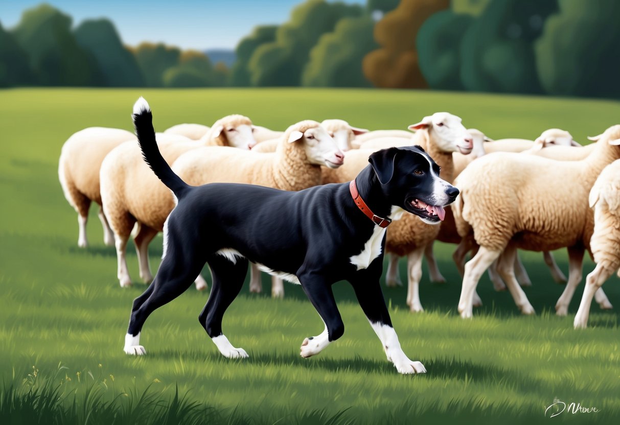 A Pumi dog herding sheep in a green pasture