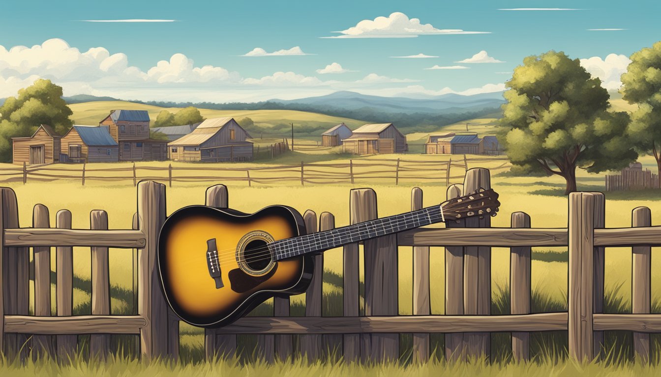 A small Texas town with a lone guitar resting against a wooden fence, surrounded by rolling hills and a clear blue sky