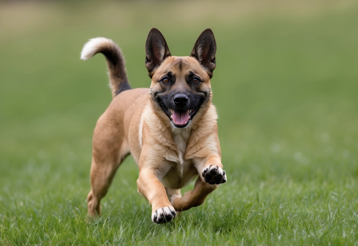 A Pumi dog playing happily in a grassy field, with its ears perked up and tail wagging