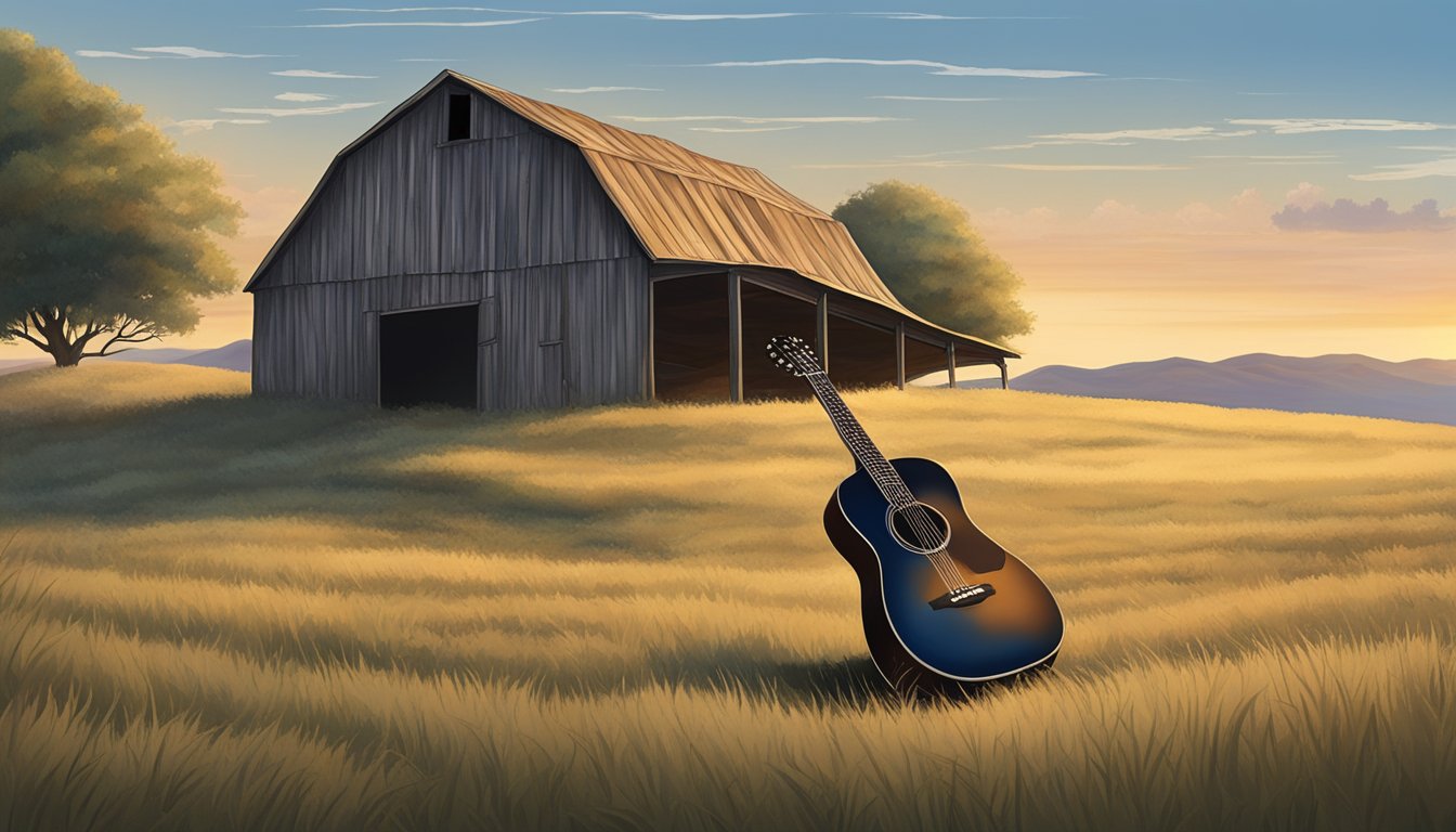 A lone guitar rests against a weathered barn, surrounded by rolling hills and a big Texas sky