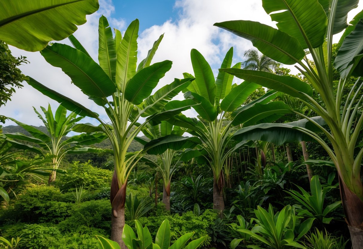 A lush landscape with towering strelitzia nicolai plants, their broad leaves creating a tropical oasis