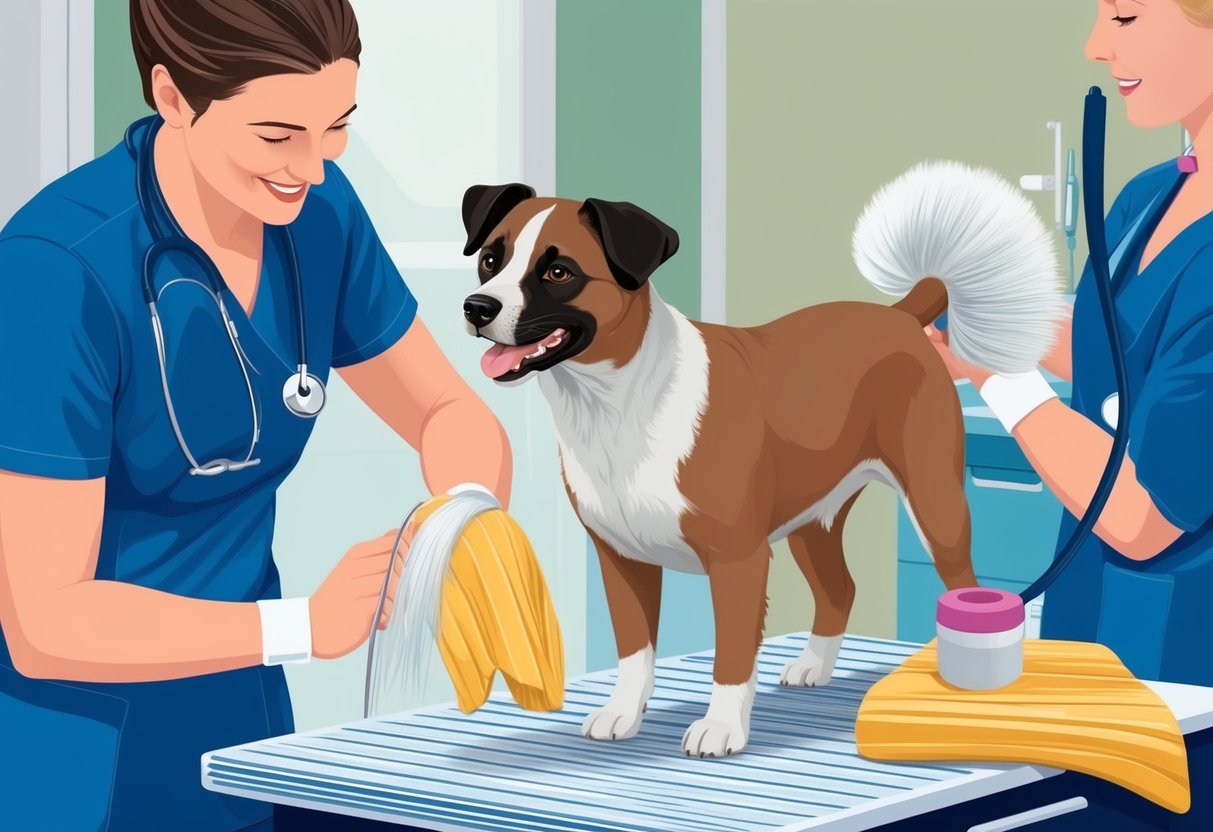 A Pumi dog being groomed and pampered at a veterinary clinic