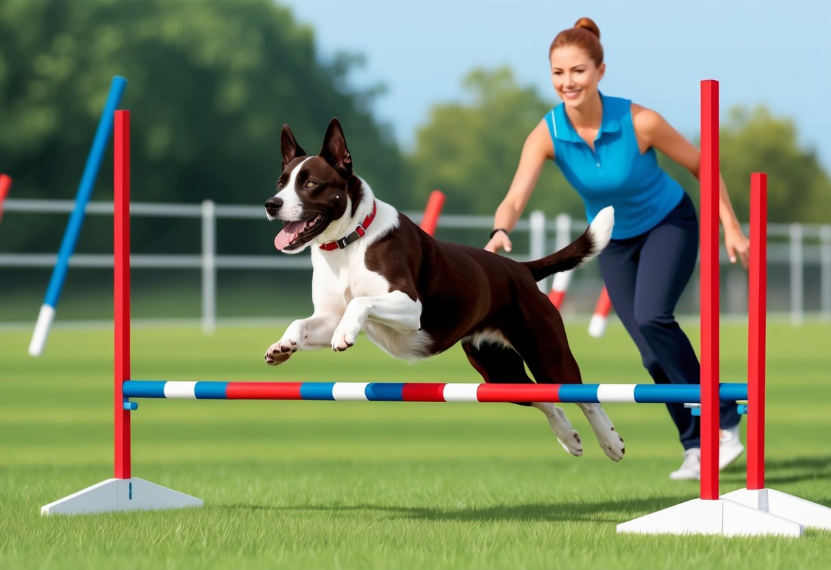 A Pumi dog running through an agility course, jumping over hurdles and weaving through poles, with a trainer guiding the dog