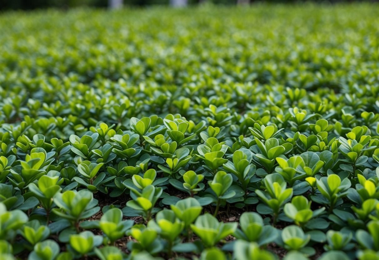 A lush patch of dichondra repens spreads across the ground, its small, rounded leaves forming a dense, vibrant green carpet