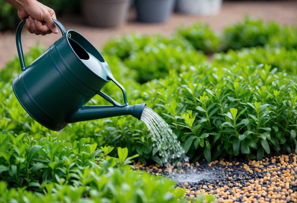 A hand holding a watering can pours water onto a lush patch of dichondra repens, surrounded by scattered fertilizer pellets