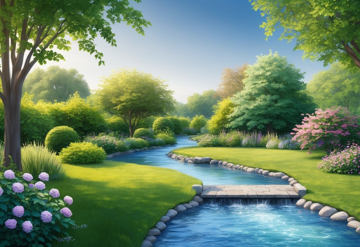 A serene garden with a flowing stream, surrounded by lush greenery and blooming flowers under a clear sky