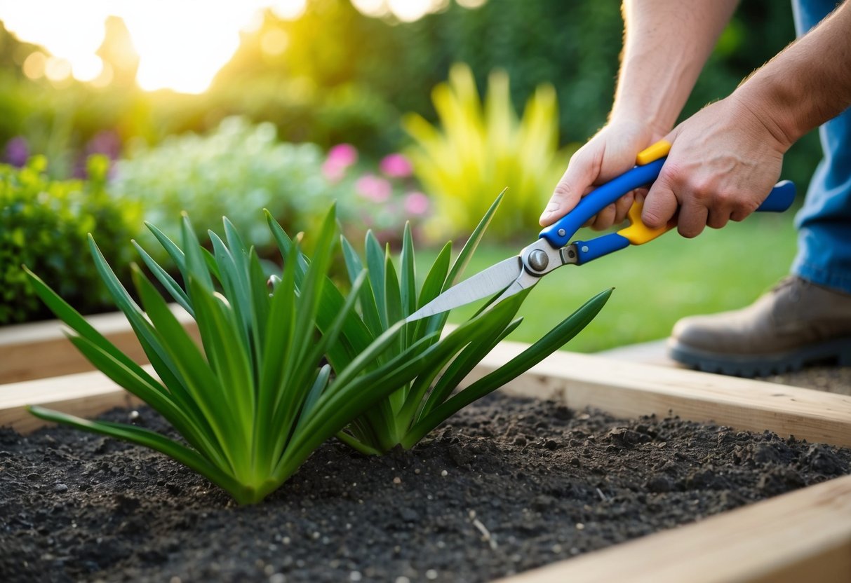 A gardener trimming dichondra repens with pruning shears in a well-maintained garden bed