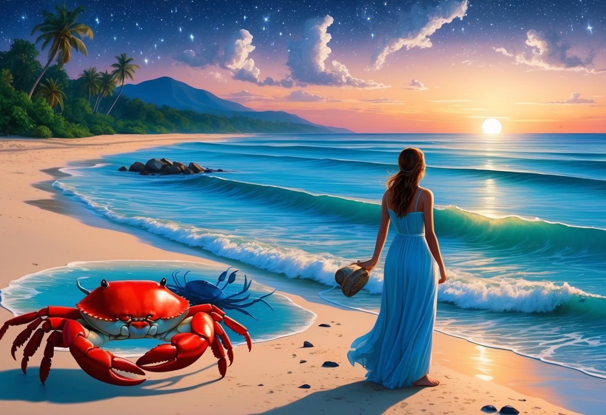 A serene beach at sunset, with a crab emerging from the water and a maiden standing on the shore, gazing at the stars