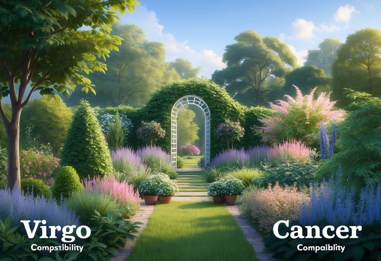 A serene garden with a blend of meticulous organization and nurturing plant life, symbolizing the compatibility of Virgo and Cancer