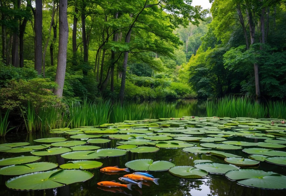 A tranquil pond nestled in a lush, green forest, with lily pads floating on the water's surface and colorful fish swimming beneath