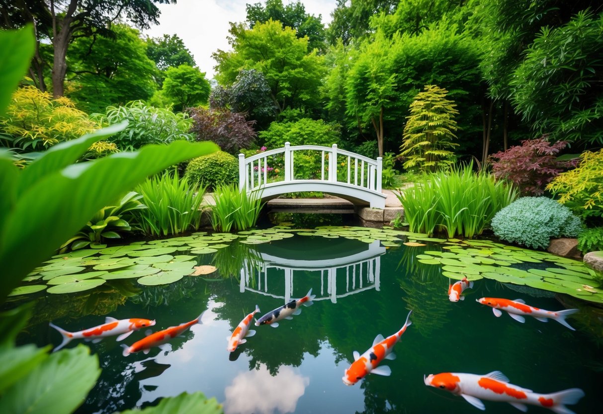 A serene pond surrounded by lush greenery, with a small bridge over the water and colorful koi fish swimming below