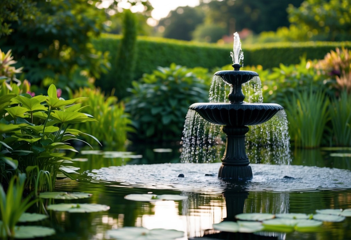 A serene pond surrounded by lush greenery, with a fountain and lily pads floating on the water