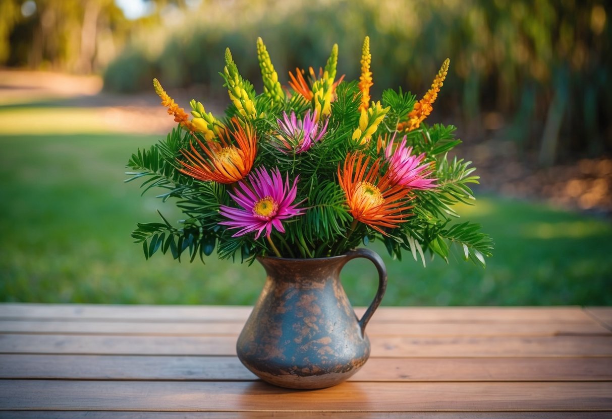 A vibrant bouquet of Australian native flowers in a rustic vase on a wooden table