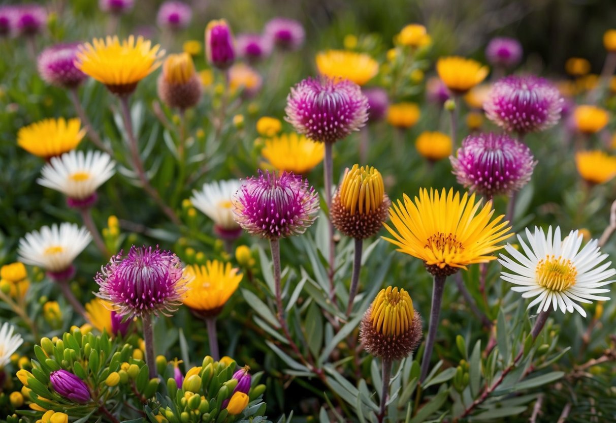 A vibrant array of Australian native flowers, including kangaroo paws, waratahs, and banksias, blooming in a natural bush setting