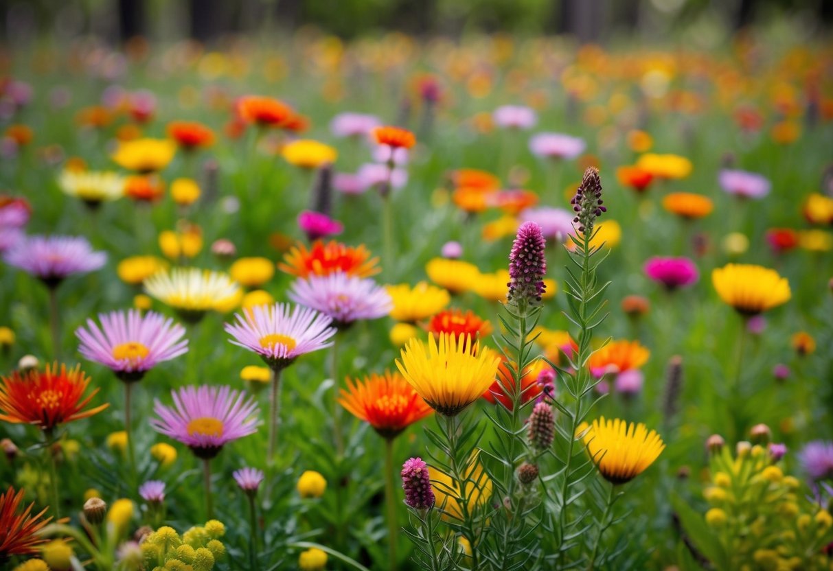 A colorful array of Australian native flowers in a lush, wild meadow