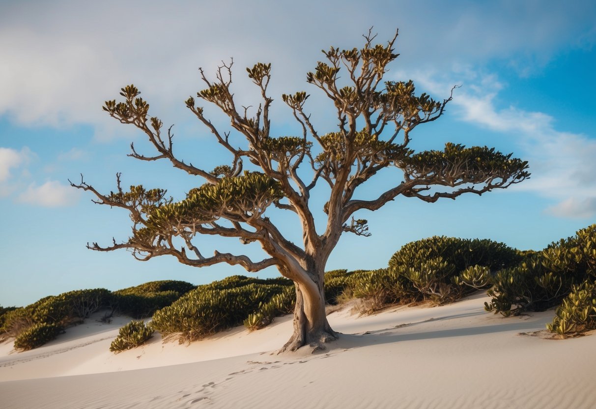 A banksia integrifolia tree stands tall in a coastal dune, with its gnarled branches and serrated leaves reaching out towards the sky