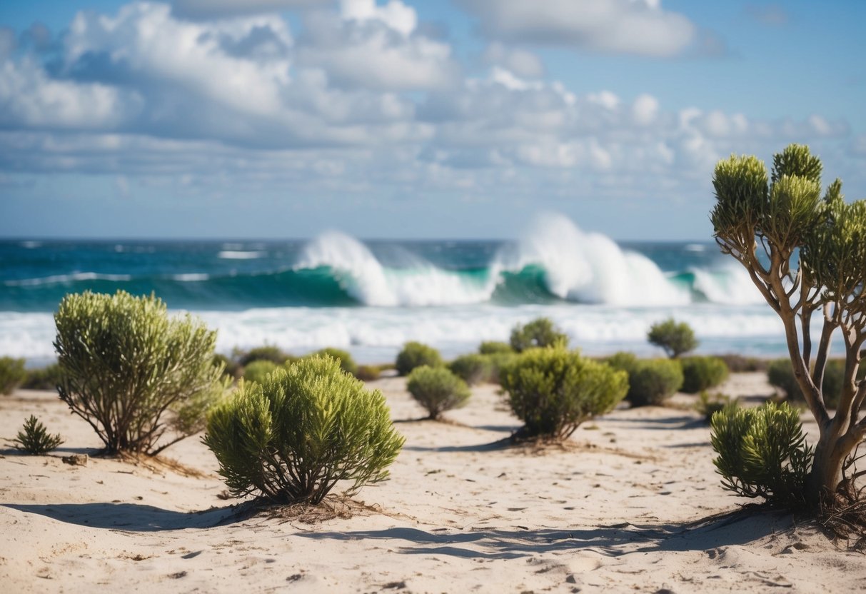 A coastal scene with sandy soil, scattered banksia integrifolia trees, and a backdrop of ocean waves crashing against the shore