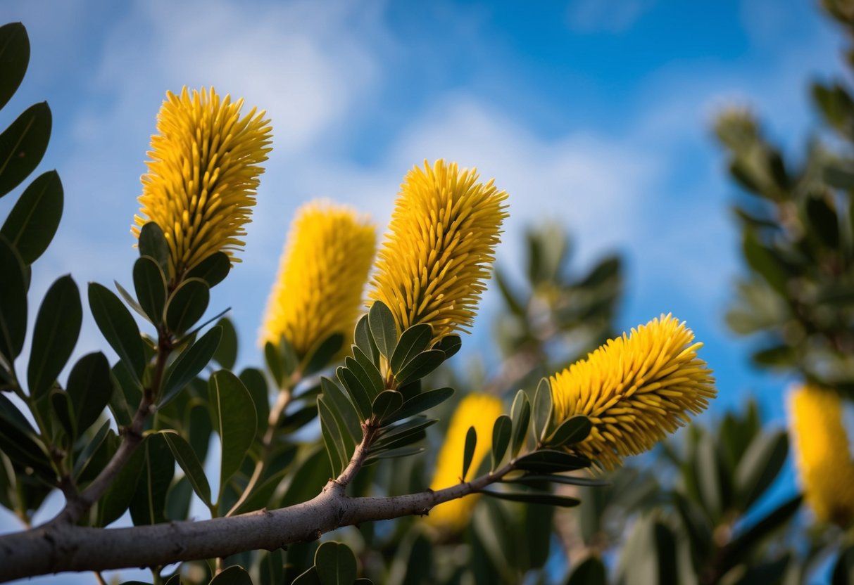 A close-up of a banksia integrifolia branch with serrated leaves and cylindrical yellow flower spikes against a blue sky