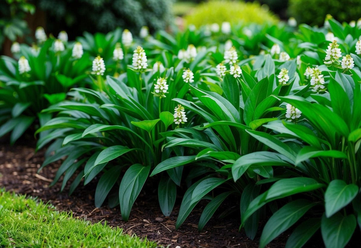 A lush garden with myoporum parvifolium covering the ground, small white flowers peeking through the dense green foliage