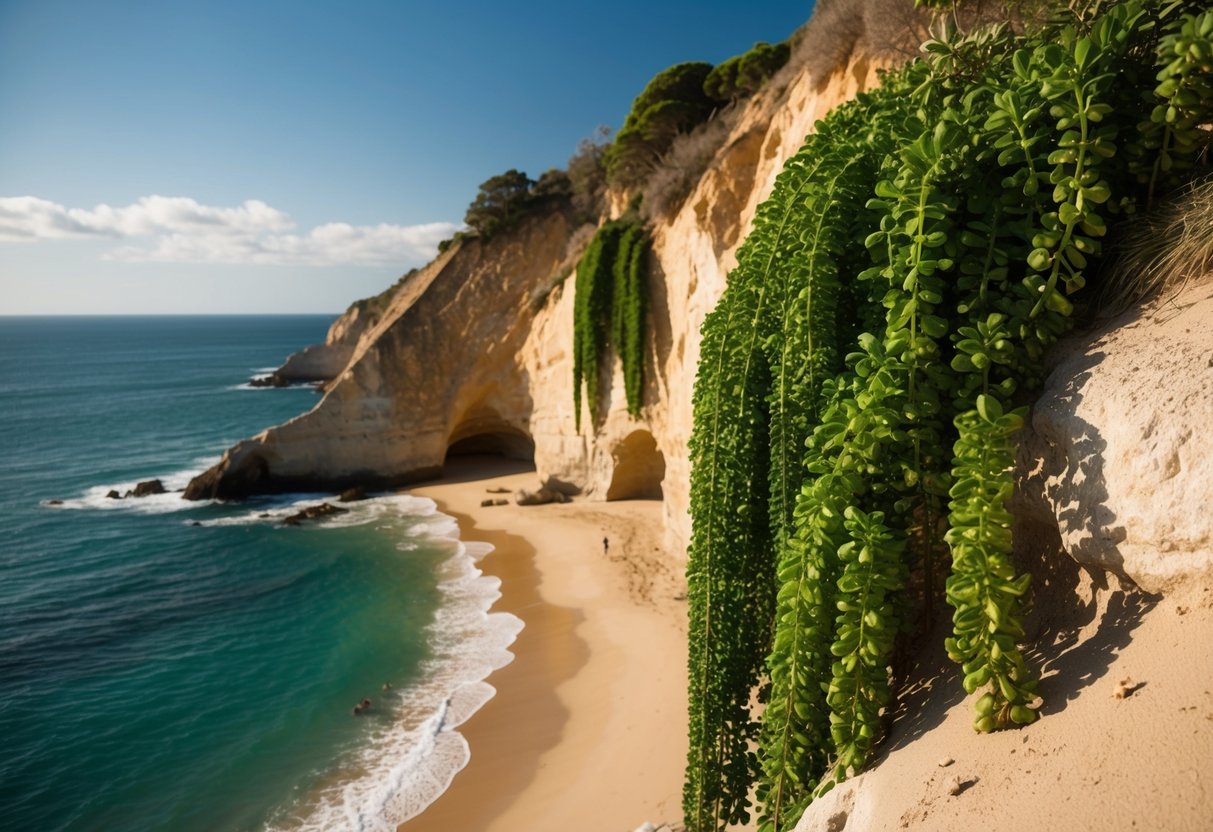 A sunny coastal landscape with myoporum parvifolium plants cascading down sandy cliffs towards the ocean