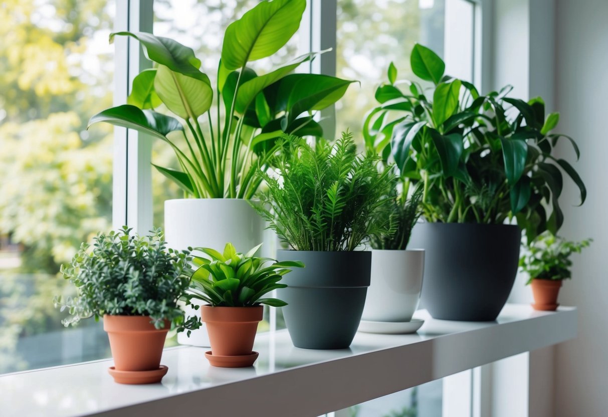 Lush green plants arranged in pots, displayed on a sleek modern shelf, with soft natural light streaming in from a nearby window