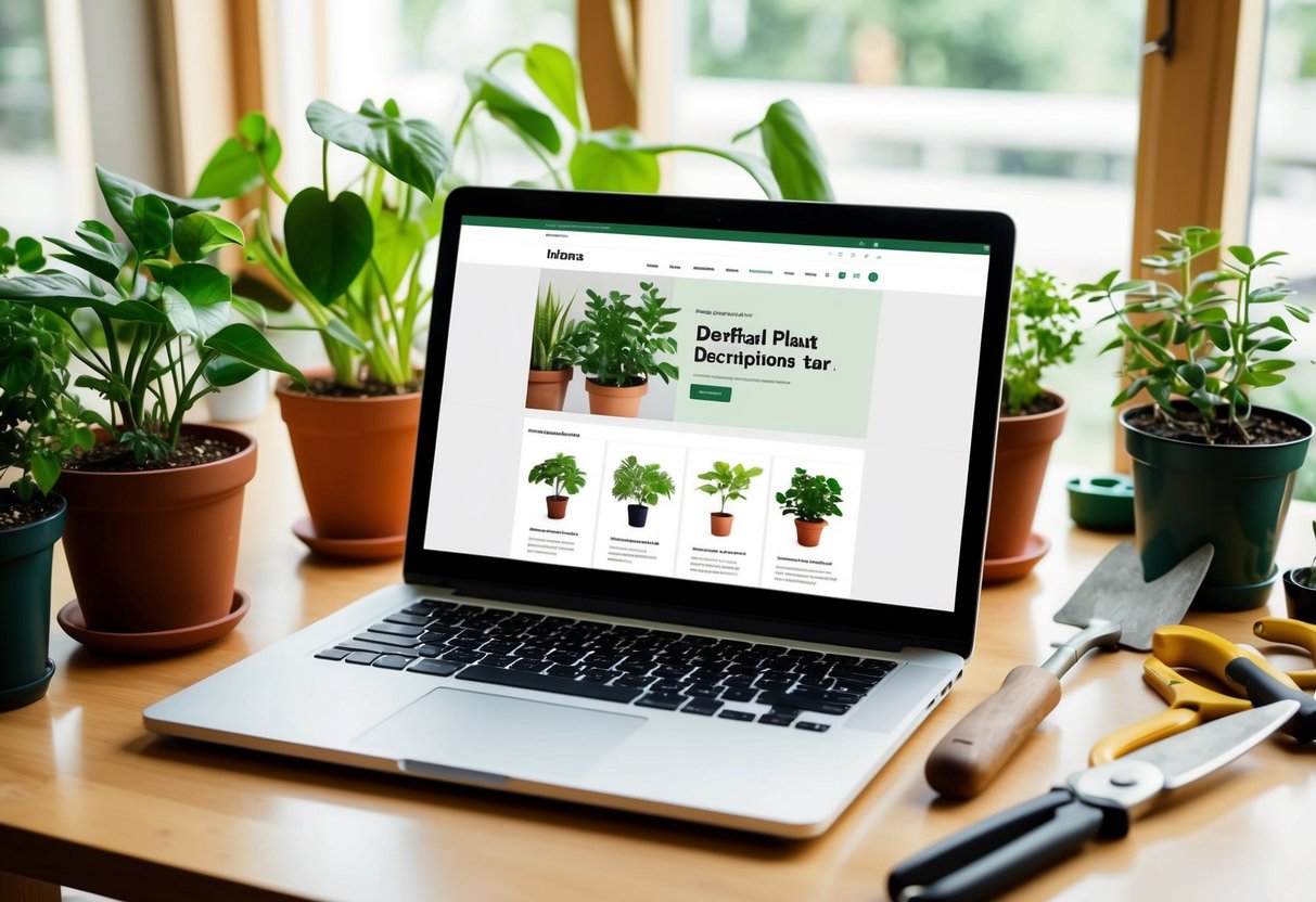 A laptop open on a table, surrounded by potted plants and gardening tools. The screen displays a website with detailed plant descriptions and care instructions