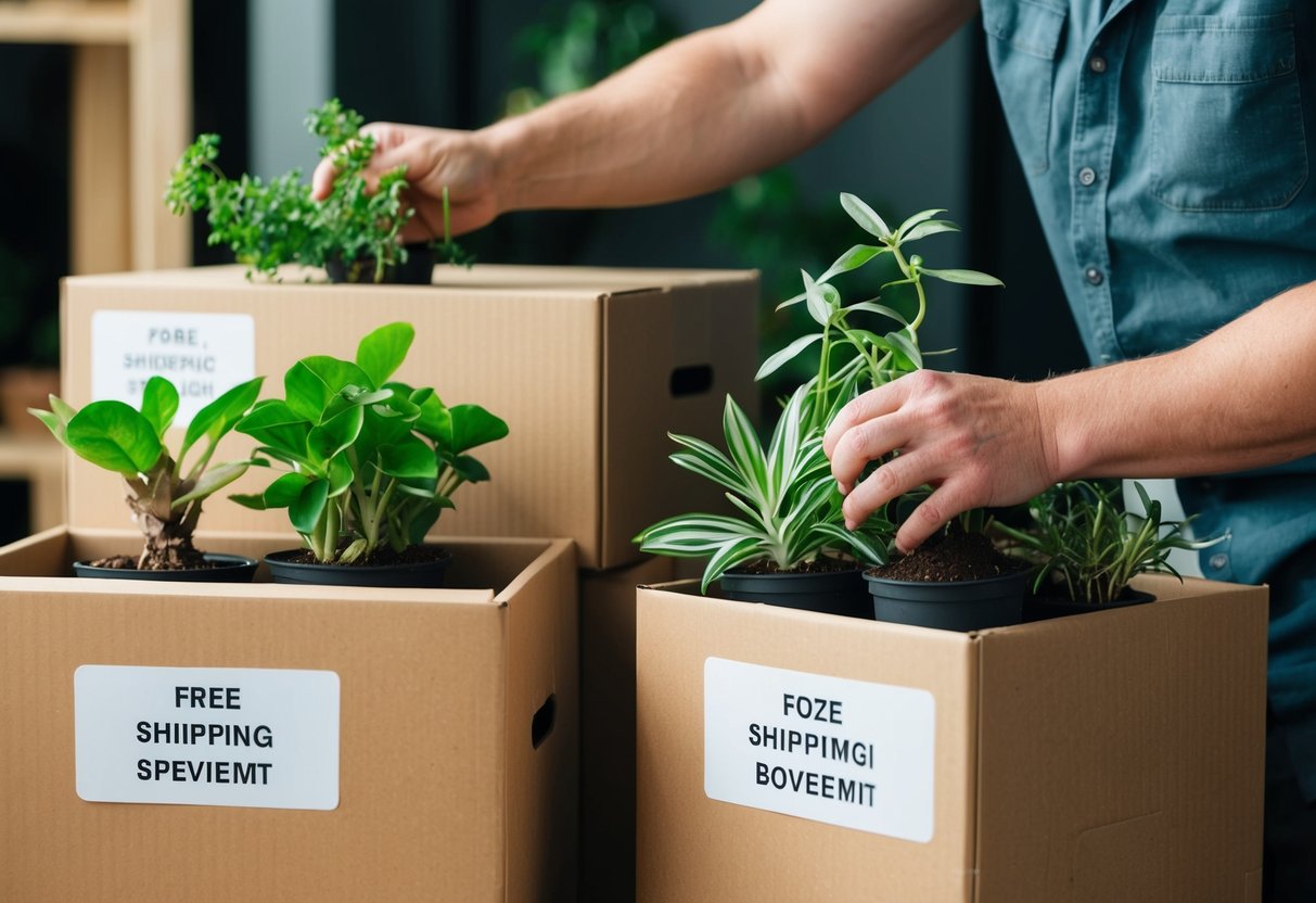 Plants being carefully placed in boxes, sealed, and labeled for shipping