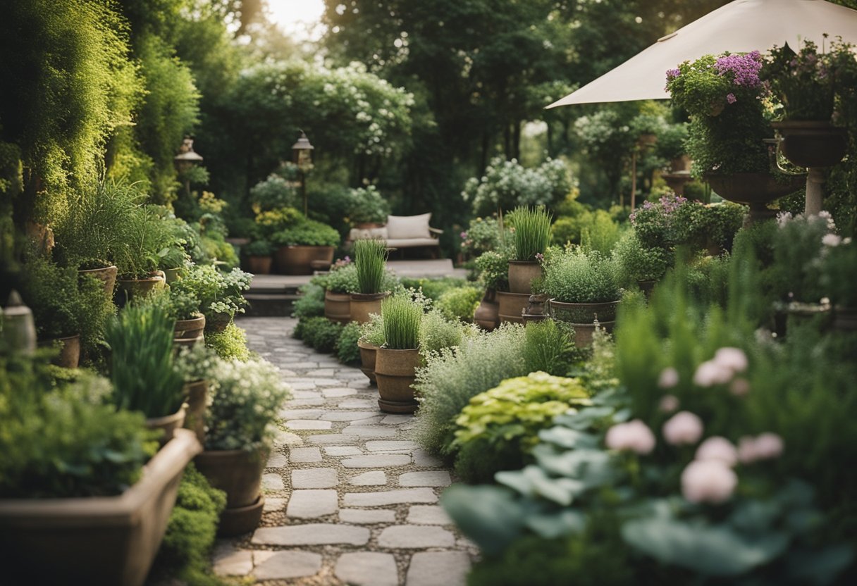 A lush garden with various small plants, flowers, and herbs arranged in decorative pots and planters. A small pathway winds through the garden, leading to a cozy seating area surrounded by greenery