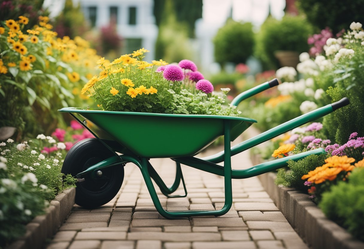 A wheelbarrow filled with blooming flowers and surrounded by small garden plants